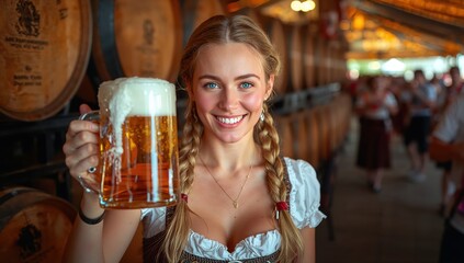 Cheerful young woman within traditional Bavarian dress holding the large frothy beer stein inside a festive Oktoberfest beer hall featuring warm lighting and wooden barrels