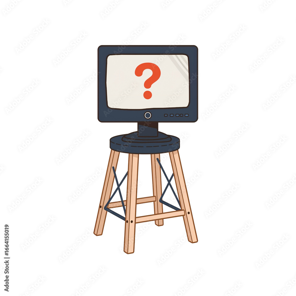 Fototapete retro computer monitor displaying a question mark atop a wooden stool with transparent space