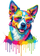Colorful Dog Portrait with Sunglasses and Rainbow Reflection