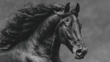 Majestic black horse with flowing mane captured in stunning detail against a muted background
