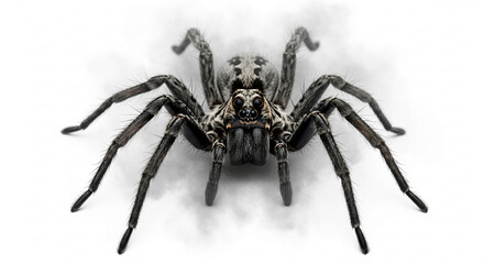A highly detailed close-up photograph of a large, hairy spider with intricate markings on its body and legs, set against a stark white background with a subtle smoky effect.