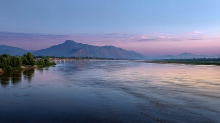 Fototapeta premium Tranquil river sunset mountain landscape nature photography serene environment wide angle view peaceful reflection