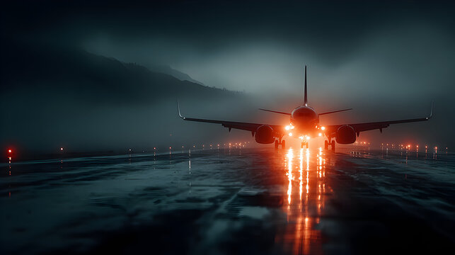 An airplane prepares for takeoff on a wet runway at night, illuminated by bright lights in the fog