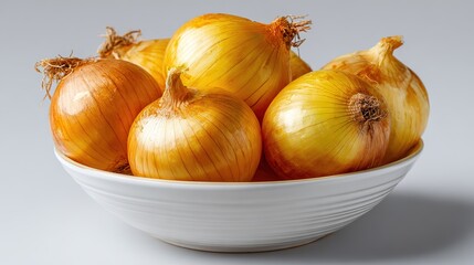Yellow Onion in a Bowl on a White Background with Space for Copy or Text