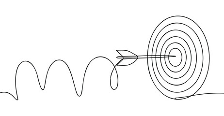 Continuous line drawing of arrow hitting bullseye target after winding path, symbolizing focus, goal achievement, strategy, and persistence
