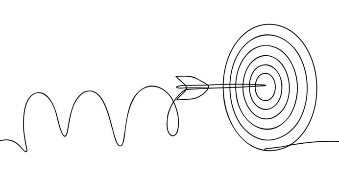 Continuous line drawing of arrow hitting bullseye target after winding path, symbolizing focus, goal achievement, strategy, and persistence