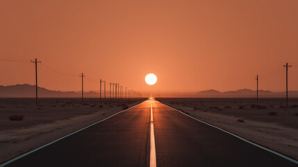 desert road, endless highway with sunset glow