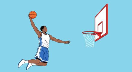 A basketball player in mid-air, about to dunk the ball into the hoop.