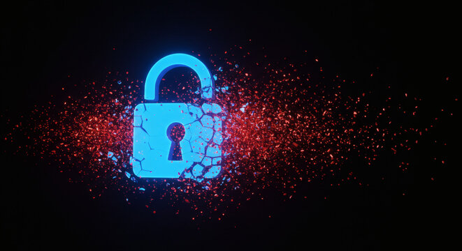 Conceptual illustration of a glowing blue padlock icon fragmenting into red particles, vividly symbolizing a critical cybersecurity threat, data breach, and system vulnerability in the digital realm