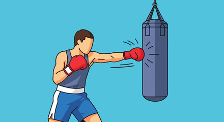 Vector illustration of a determined male boxer in athletic gear training with a heavy punching bag, practicing his jab and cross for a fight