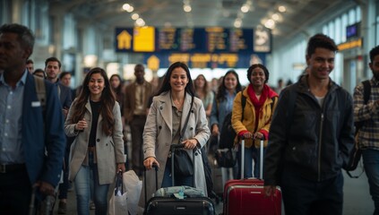 Group of travelers featuring suitcases walking through the crowded airport arrival hall under bright indoor lighting, captured from a front-facing perspective with a lively atmosphere