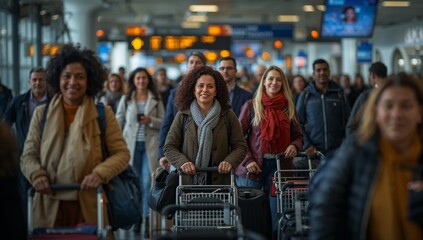 Group of smiling travelers featuring luggage carts walking through the crowded airport arrival terminal under bright indoor lighting, creating a lively and energetic atmosphere