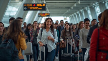 Group of smiling travelers featuring luggage walking through the bright airport terminal during arrival, captured within natural daylight with a lively and energetic atmosphere