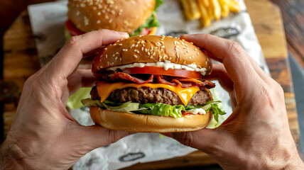 Burger or hamburger held in hand ready to eat