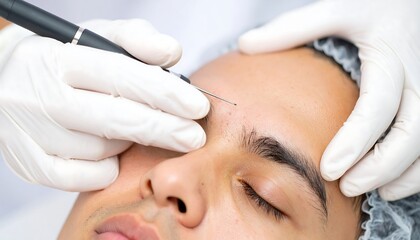 Close-up of a young man undergoing a professional cosmetic skin treatment for facial rejuvenation in a modern dermatology clinic