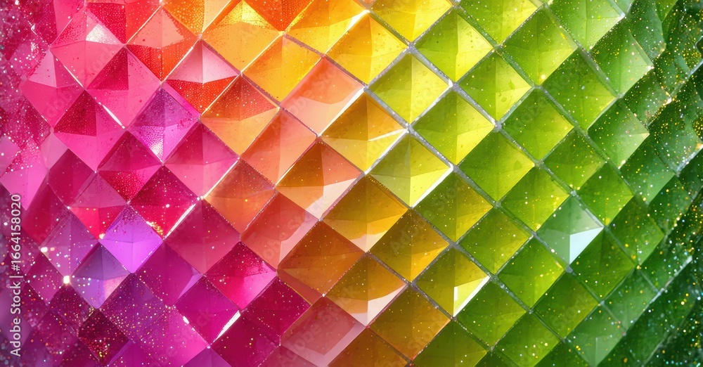 Poster vibrant geometric pattern. rainbow colors blend, creating sparkling diamond shapes. texture appears 