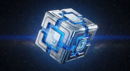 Futuristic Cube with Glowing Blue Circuits Floating in Starry Space