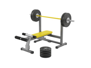 Weightlifting bench with barbell and extra weights on isolated transparent background