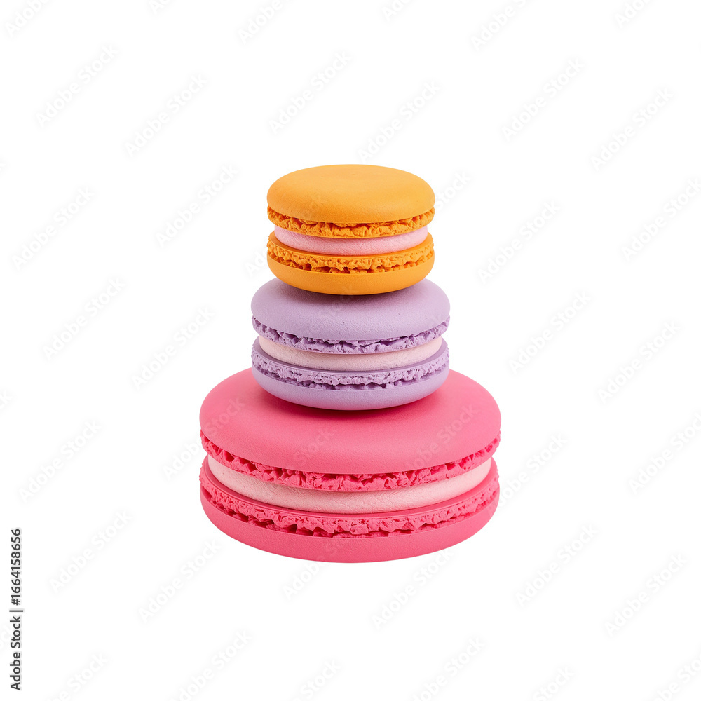 Poster stack of colorful macarons creating a vibrant culinary confection isolated on transparency