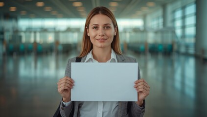 Confident young businesswoman within formal attire holding the blank white sign inside a spacious modern airport terminal, featuring bright natural light and soft reflections upon the floor