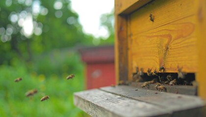Bees flying near a wooden beehive