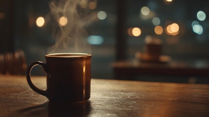 Obraz premium A dark brown ceramic mug filled with a hot steaming beverage resting on a rustic wooden table.