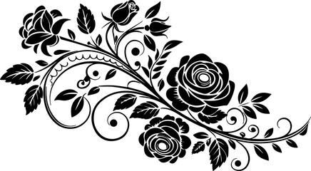 Rose floral swirl vector illustration, decorative black and white art