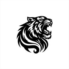 Fierce black tiger head roaring with stylized mane