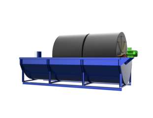 High-Efficiency Industrial Magnetic Drum Separator. Advanced 3D render of robust mineral processing equipment, vital for material handling, recycling, and waste management in industrial plants.