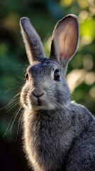 Fototapeta premium Adorable Wild Rabbit with Upright Ears in Warm Outdoor Setting perfect for wildlife photography, children's book illustrations, springtime nature campaigns and animal conservation visuals