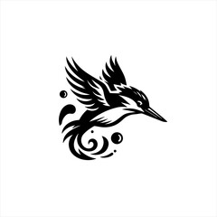 Stylized black and white kingfisher bird in flight with water elements
