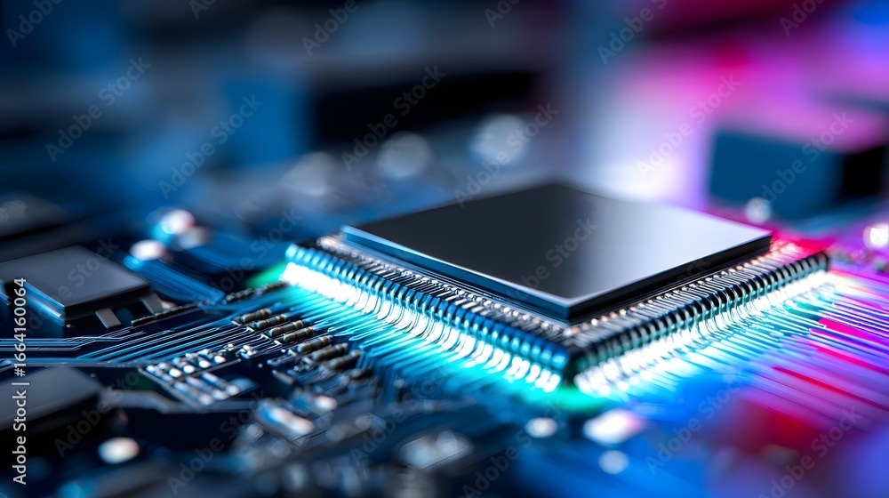 Poster close-up of an integrated circuit on a colorful circuit board