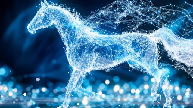 Futuristic glowing digital hologram of a horse made from light particles, symbolizing technology, innovation, and virtual reality
