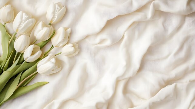 White Tulips on Soft Cream Fabric Background with Elegant Minimal Styling perfect for spring greeting cards, floral branding, wedding design projects and lifestyle blog content