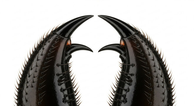 Close-up of two sharp, black scorpion claws with visible spines and orange eyes against a white background.