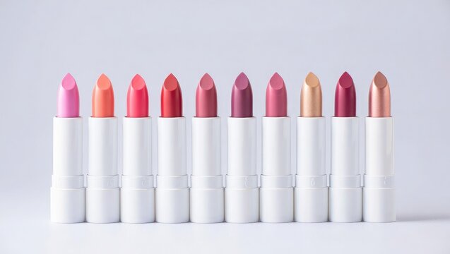 Row of eight white lipsticks with various colored tips