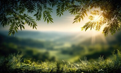 Obraz premium Sunlit Canopy Over Distant Hills