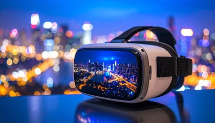 Virtual reality headset displaying a vibrant cityscape at night, showcasing immersive technology.