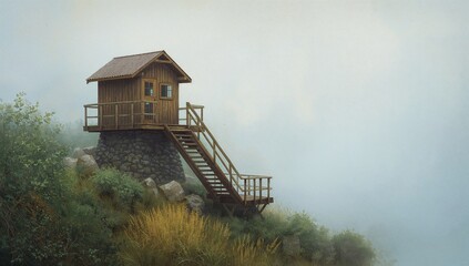 Rustic wooden watchtower perched on a verdant hillside with overcast sky