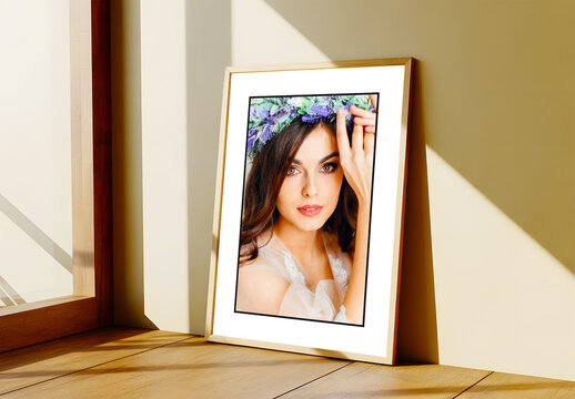 Photo Frame Mockup Leaning Against Wall with Sunlight