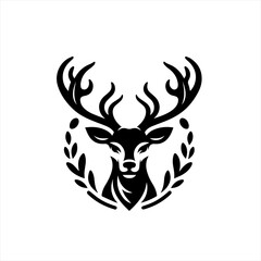 Elegant black deer head with antlers and laurel wreath emblem