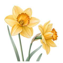 Fototapeta premium Two bright yellow daffodil flowers with vibrant green stems and leaves stand tall, a botanical illustration isolated on a transparent background.