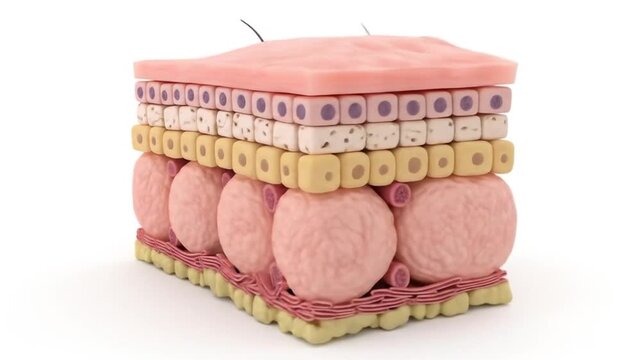 A detailed 3D illustration of a cross-section of human skin, showing the various layers like the epidermis and dermis.