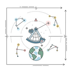 Navigation chart a stylized sextant surrounded by constellations and an earth hologram used to symbolize celestial navigation for infographics and educational materials.