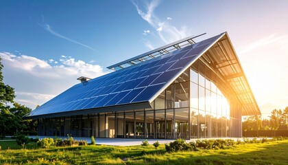 Obraz premium Modern building with large solar panel installation on its roof.