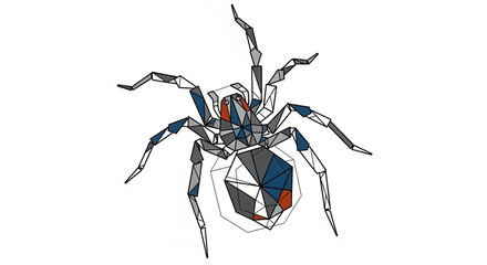 A stylized, geometric low poly illustration of a spider with blue and red details, presented on a clean white background.