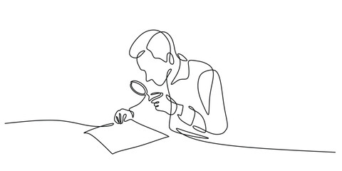 One Single Line Drawing of a Person Inspecting a Document with a Magnifying Glass