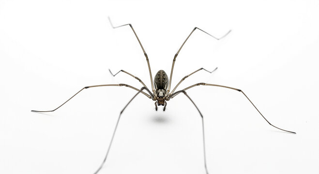 A detailed macro photograph of a long-legged cellar spider, also known as a daddy long-legs, isolated on a white background.