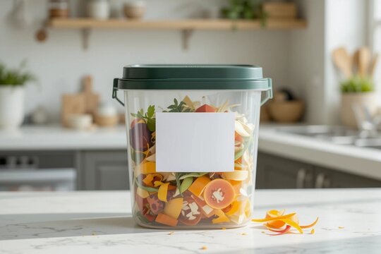 Compost bin filled with food scraps on a kitchen countertop sustainable living
