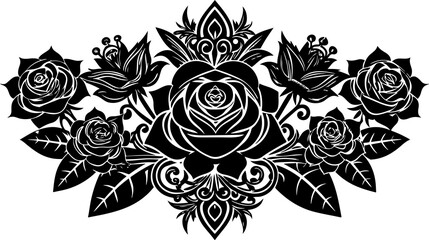 Decorative floral swirl design with roses, black and white vector art